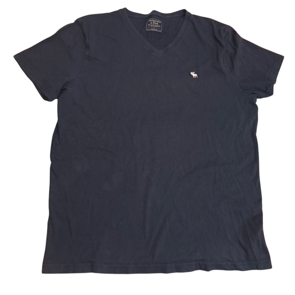 Abercrombie & Fitch Mens Large Dark Blue V-Neck T-Shirt‎ Moose Logo Short Sleeve